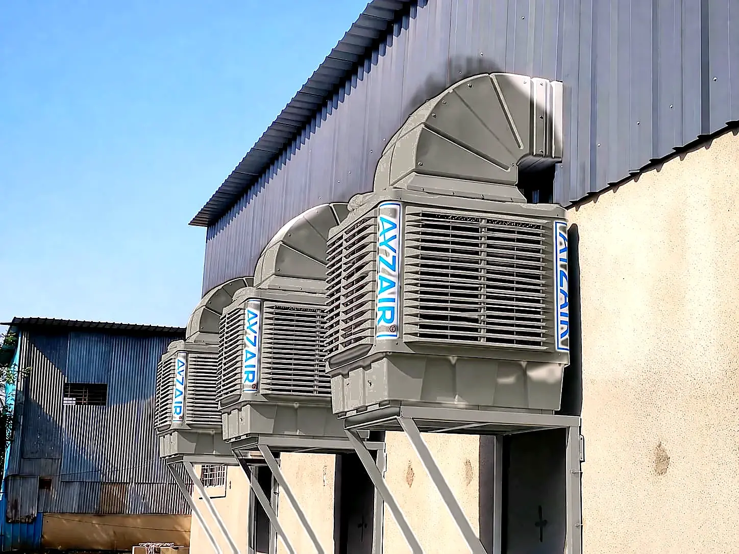 Ayzair industrial air coolers installed on a factory in Pune, India